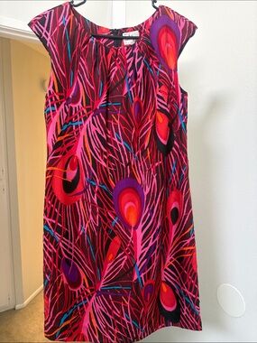 Vintage Milly Pink Red Purple Peacock-Print Shift Dress 100% silk
